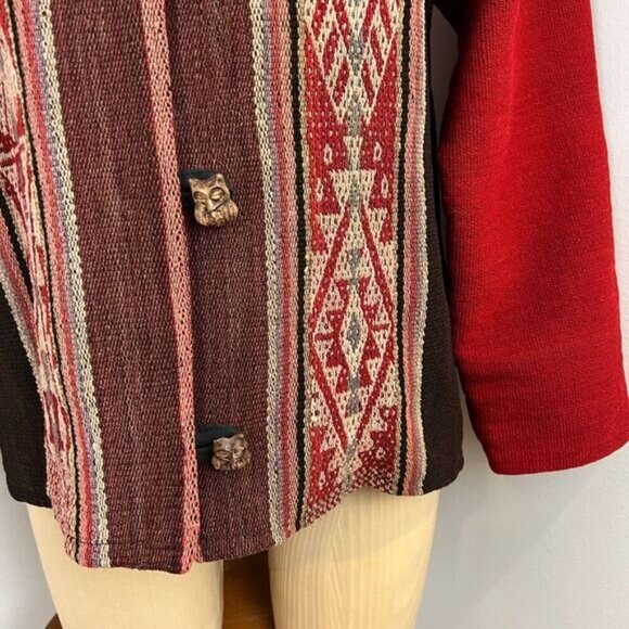 Vintage 70s Handmade Argyle Print Red Wood Button Owls Jacket Coat Size Small - Picture 2 of 16